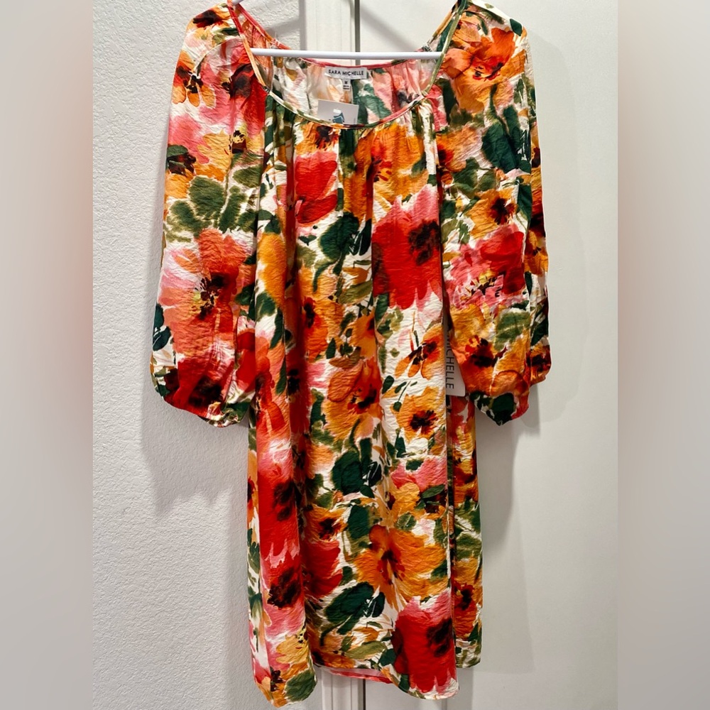 Sara Michelle Orange Peach Green Gold Floral 3/4 Sleeve MIDI Dress Medium